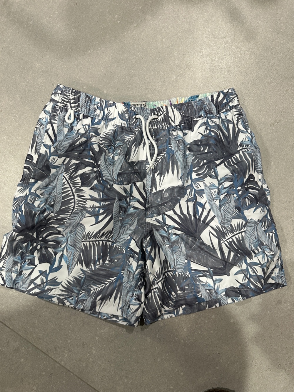 Men's Spicy Tuna Tropical Print Swim Shorts in Blue and Gray Size M